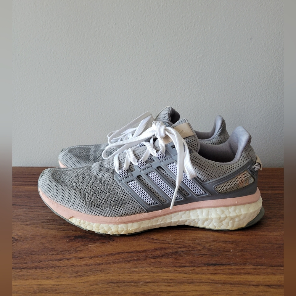 ADIDAS Energy Boost running shoes in grey with pink and off white accents